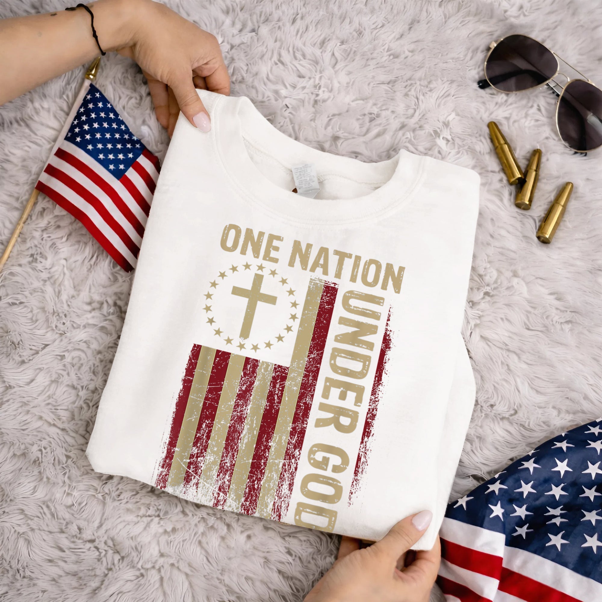 One Nation Under God Flag Cross – Faith & Freedom – Unisex Tshirt Gildan / Tshirt Comfort / V-neck/ Hoodie / Sweatshirt