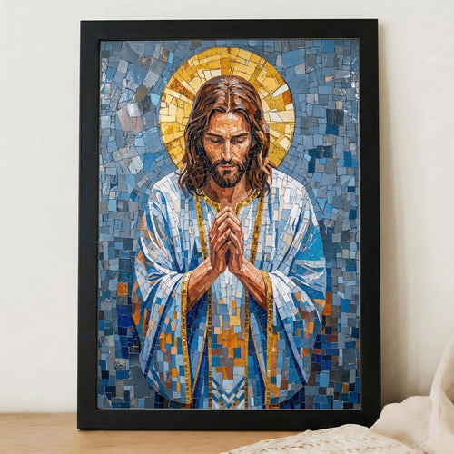 Jesus in Prayer – Blue Mosaic Christian Wall Art Poster/Canvas