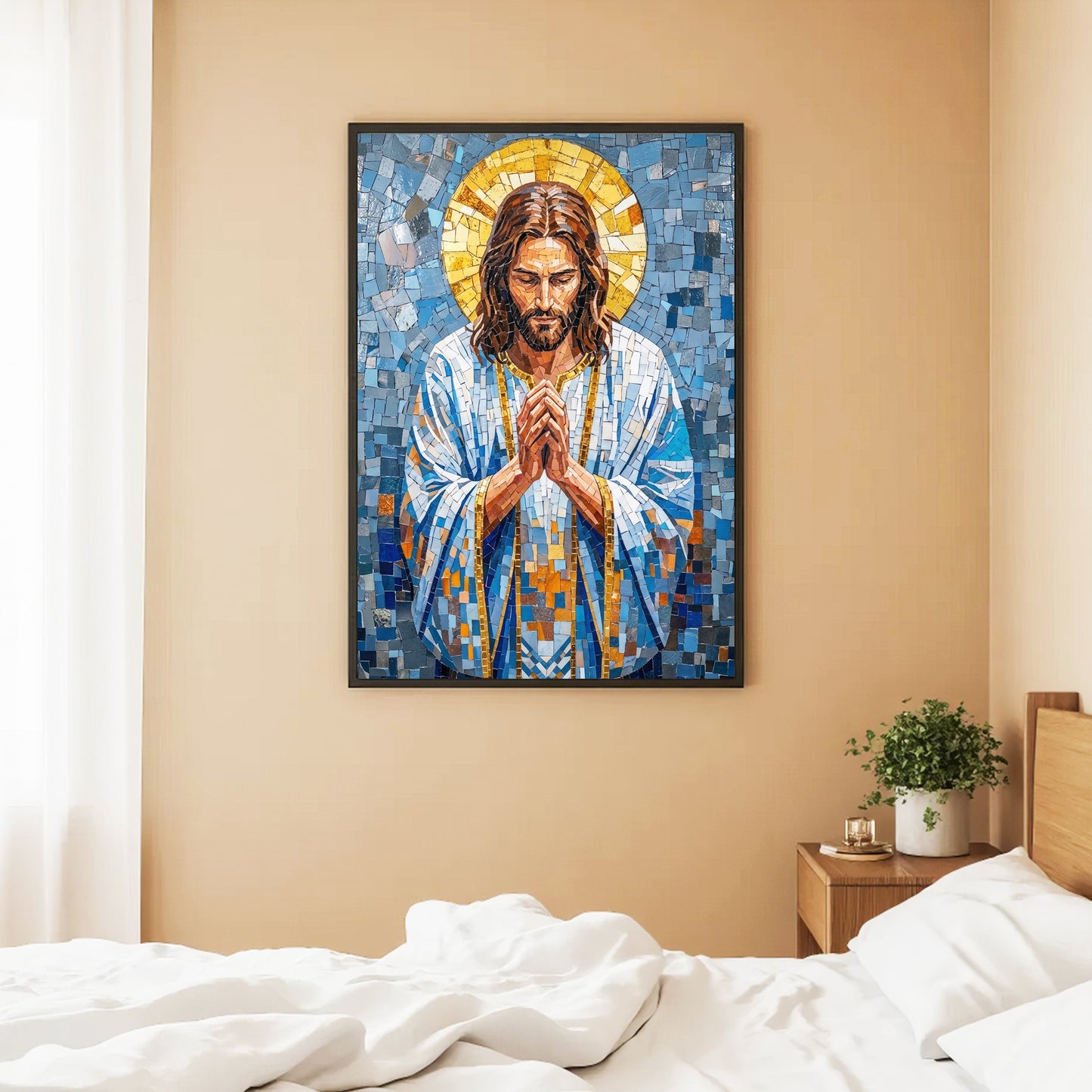 Jesus in Prayer – Blue Mosaic Christian Wall Art Poster/Canvas