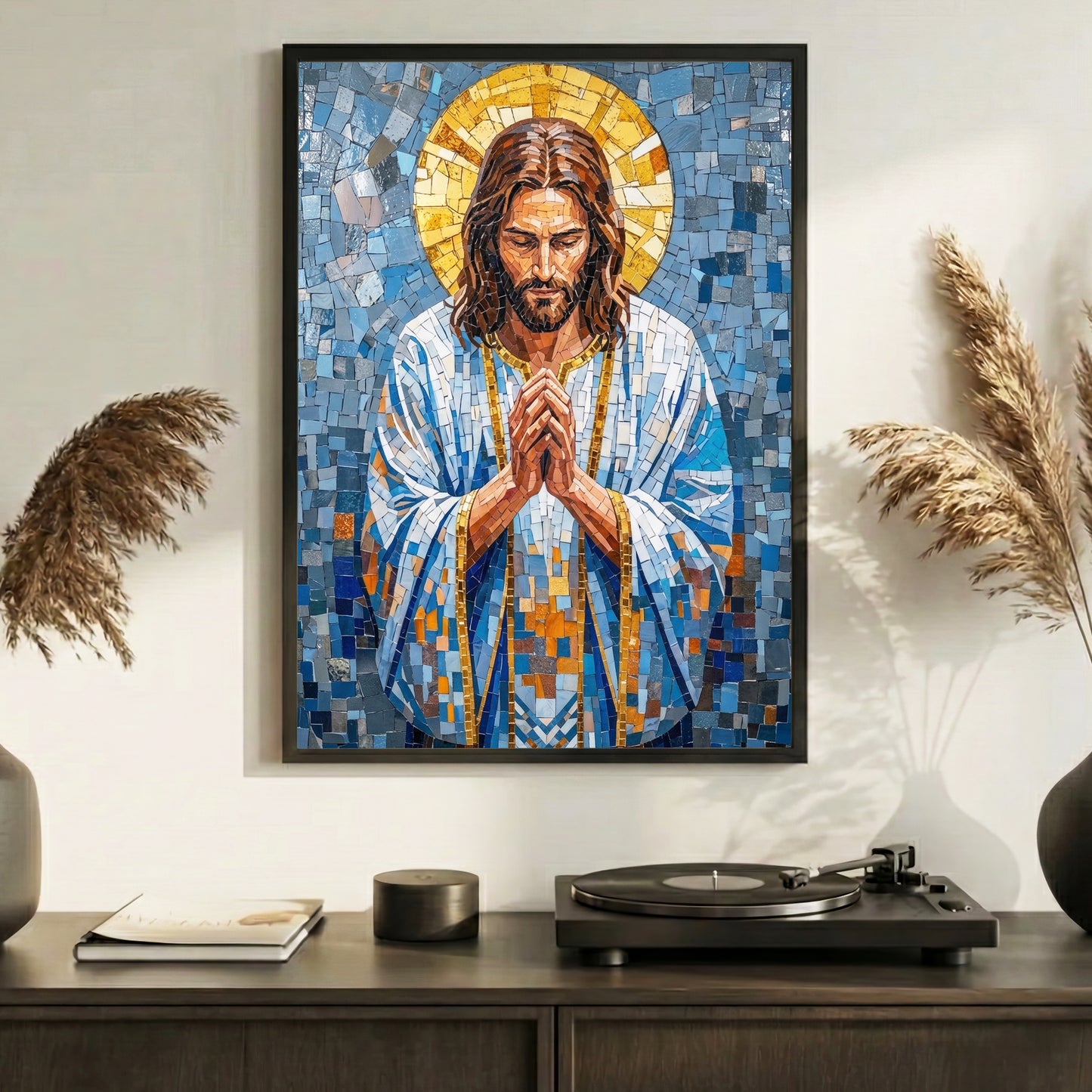 Jesus in Prayer – Blue Mosaic Christian Wall Art Poster/Canvas
