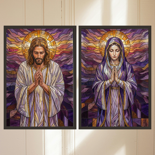 Jesus/ Virgin Mary Prayer Stained Glass Christian Wall Art Poster/Canvas