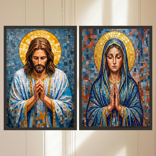 Jesus/Virgin Mary in Prayer – Blue Mosaic Christian Wall Art Poster/Canvas