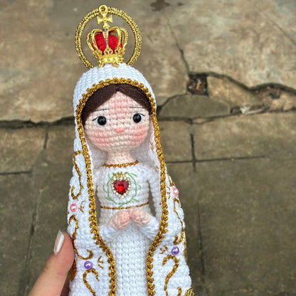Handmade Crochet Virgin Mary Statue with Crown & Sacred Heart of Jesus Statue(include Wooden Base)
