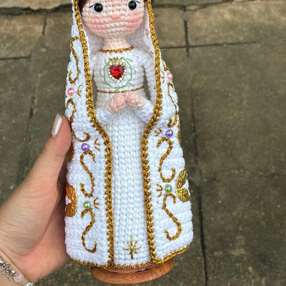 Handmade Crochet Virgin Mary Statue with Crown & Sacred Heart of Jesus Statue(include Wooden Base)