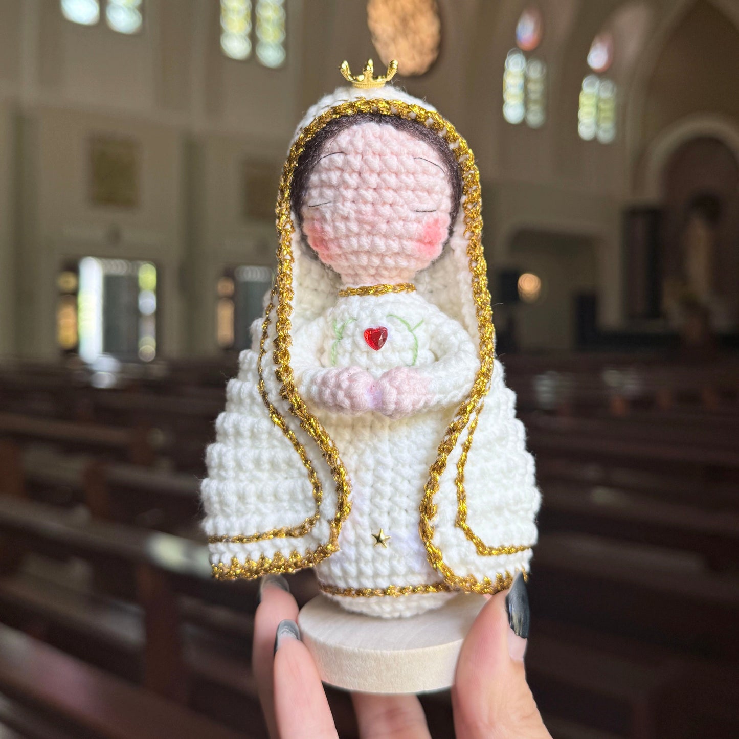 🔥 LIMITED TIME OFFER - Handmade Crochet Virgin Mary Figurine with Wooden Base