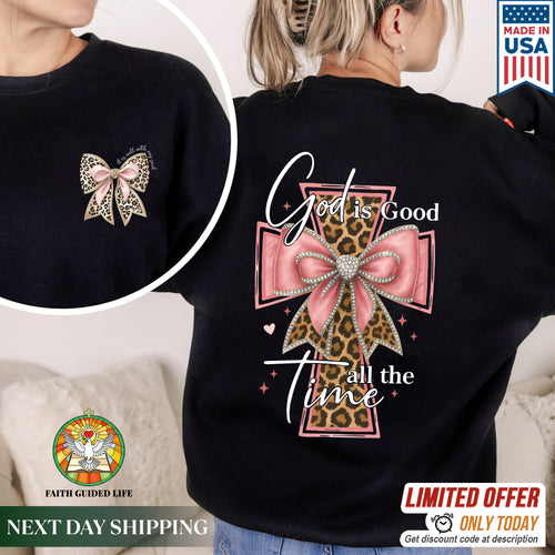 God is Good all the Time" Leopard Cross Bow Christian T-Shirt Two Sides | Faith Guided Life Apparel