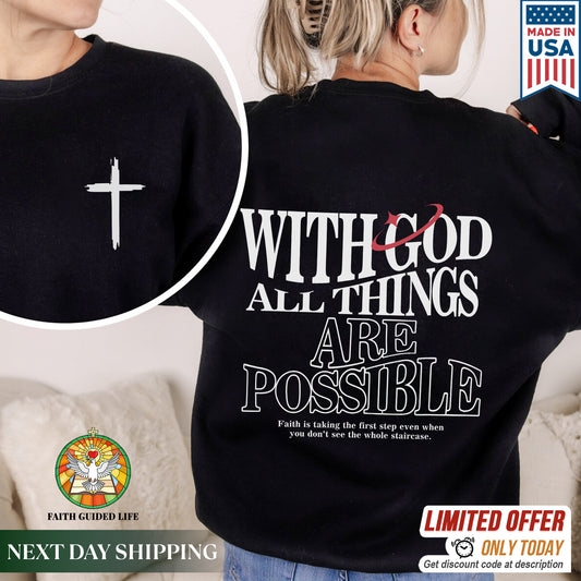 "With God All Things Are Possible" Unisex Christian T-Shirt Two Sides | Matthew 19:26 Faith Declaration Tee | Faith Guided Life Apparel