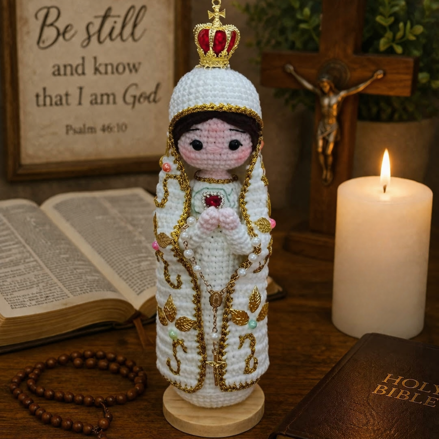 Handmade Crochet Virgin Mary Statue with Crown & Sacred Heart of Jesus Statue(include Wooden Base)