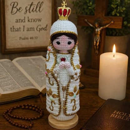 Handmade Crochet Virgin Mary Statue with Crown & Sacred Heart of Jesus Statue(include Wooden Base)