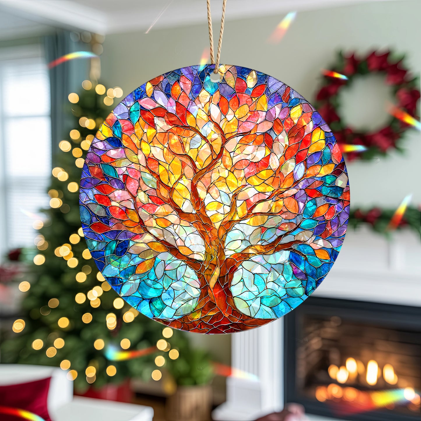 Vibrant Tree of Life Stained Glass Holographic Christmas Ornament | Symbol of Growth & Family | Colorful Holiday Keepsake