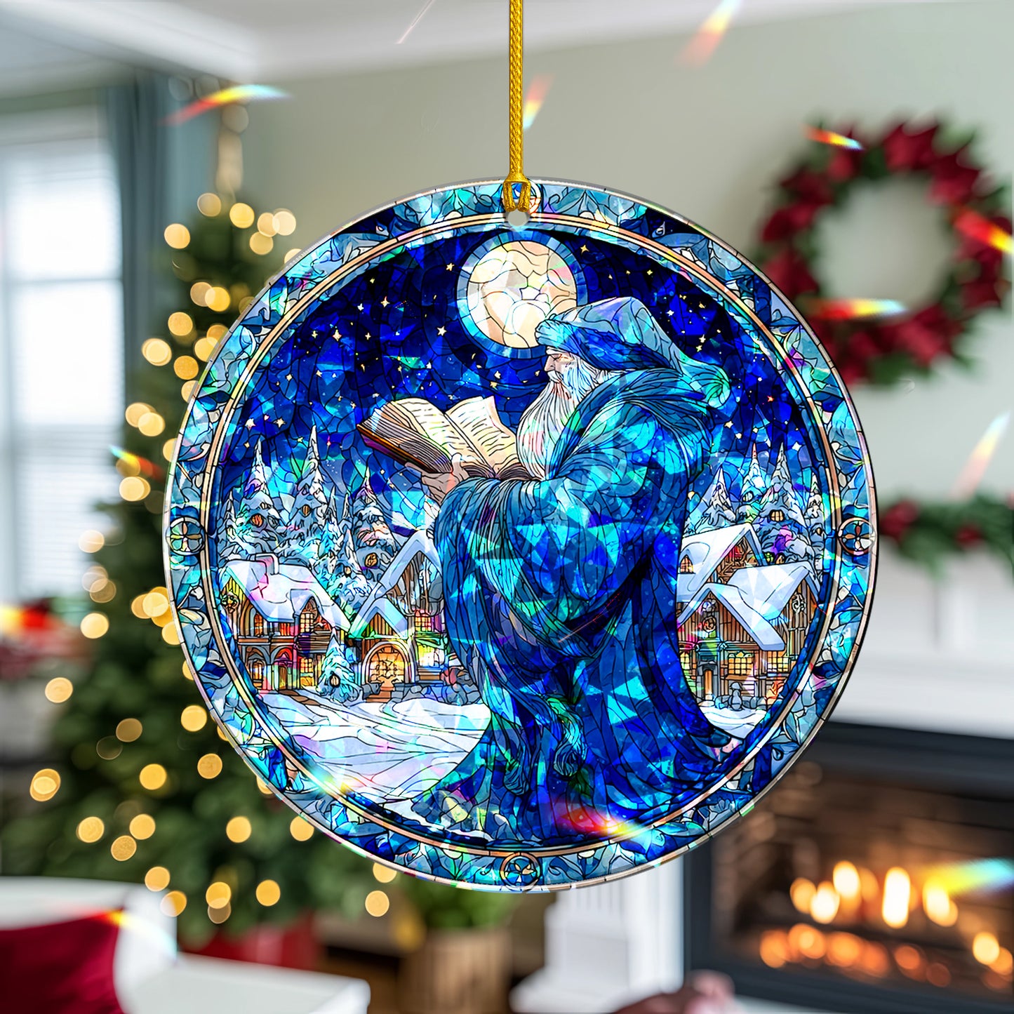 Stained Glass Storyteller Santa Holographic Christmas Ornament | Magical Holiday Keepsake | Festive Tree Decoration