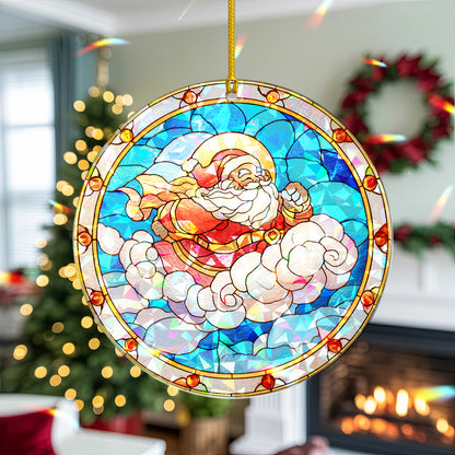 Stained Glass Santa Claus Holographic Christmas Ornament | Festive Holiday Keepsake | Jolly Tree Decoration
