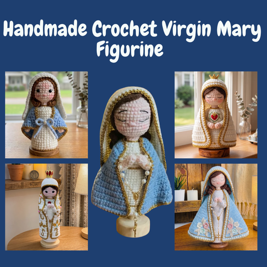 Handmade Crochet Virgin Mary Figurine with Wooden Base
