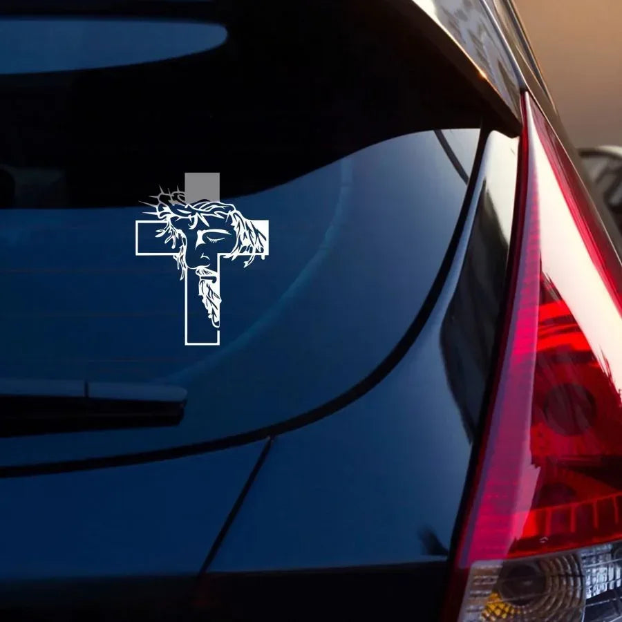 Jesus Face & Cross Decal – Waterproof Christian Sticker for Car, Laptop, Water Bottle & More - Faith Guided Life