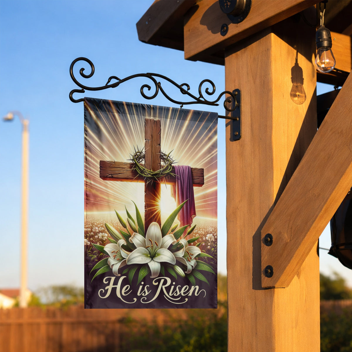 He Is Risen Wooden Cross Lily Easter Garden Flag