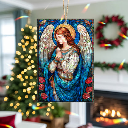 Stained Glass Angel Holographic Christmas Ornament | Serene Angel of Peace | Religious Christian Keepsake