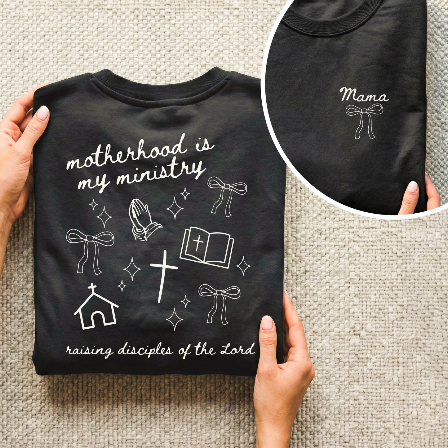 Minimal Mama Ministry with Christian Icons – Two Sides – She is Bless – Unisex Tshirt /Hoodie/Sweatshirt