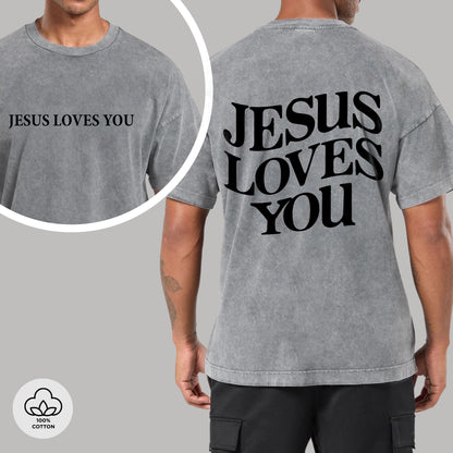 "Jesus Loves You" Unisex Vintage Washed Christian T-Shirt Two Sides | John 15:13 Personal Love Declaration Tee | Faith Guided Life Apparel