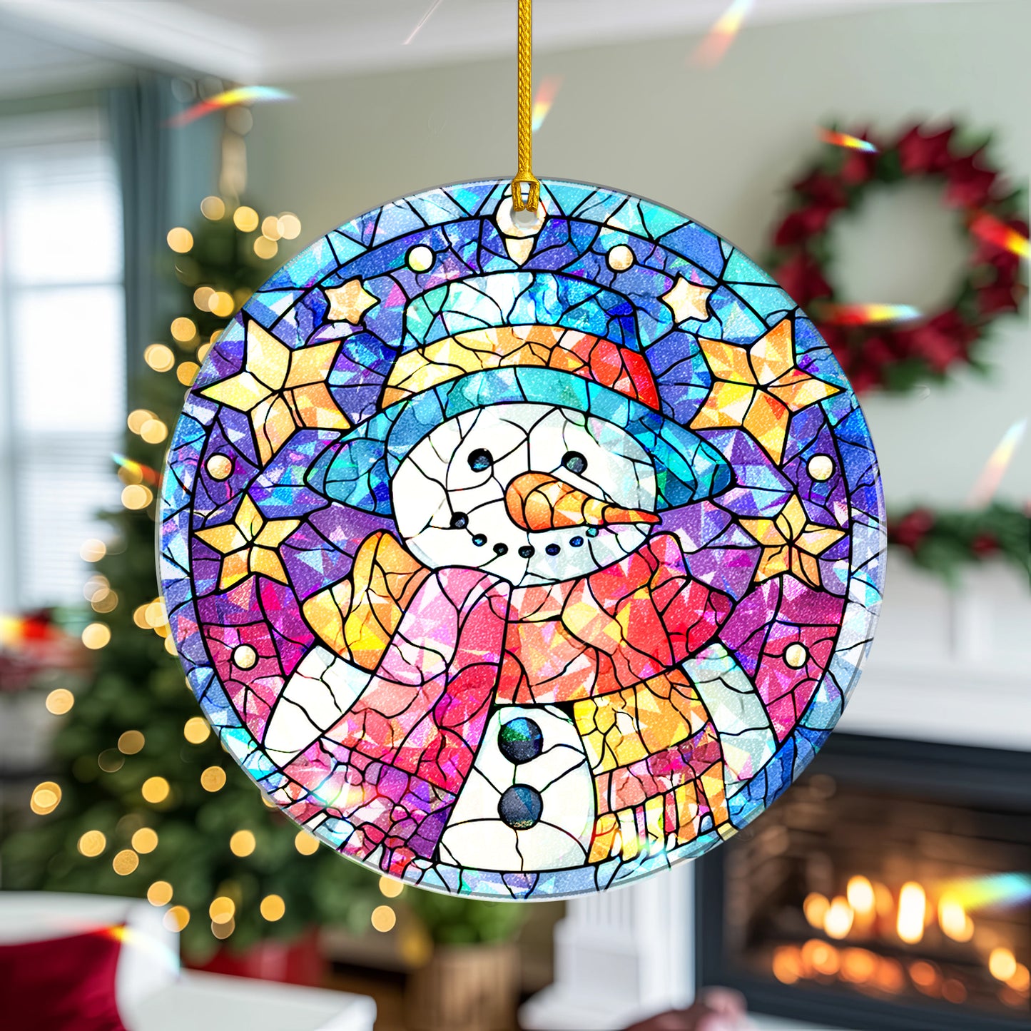 Stained Glass Snowman Holographic Christmas Ornament | Festive Holiday Keepsake | Winter Wonderland Decoration