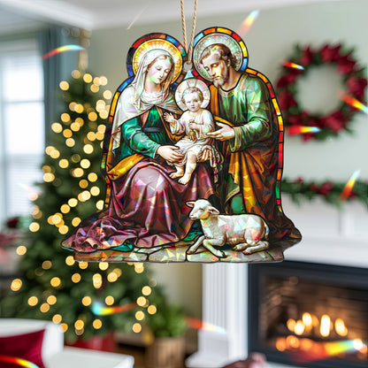 Stained Glass Holy Family Bell Holographic Christmas Ornament | Nativity Bell Keepsake | Religious Christian Decoration