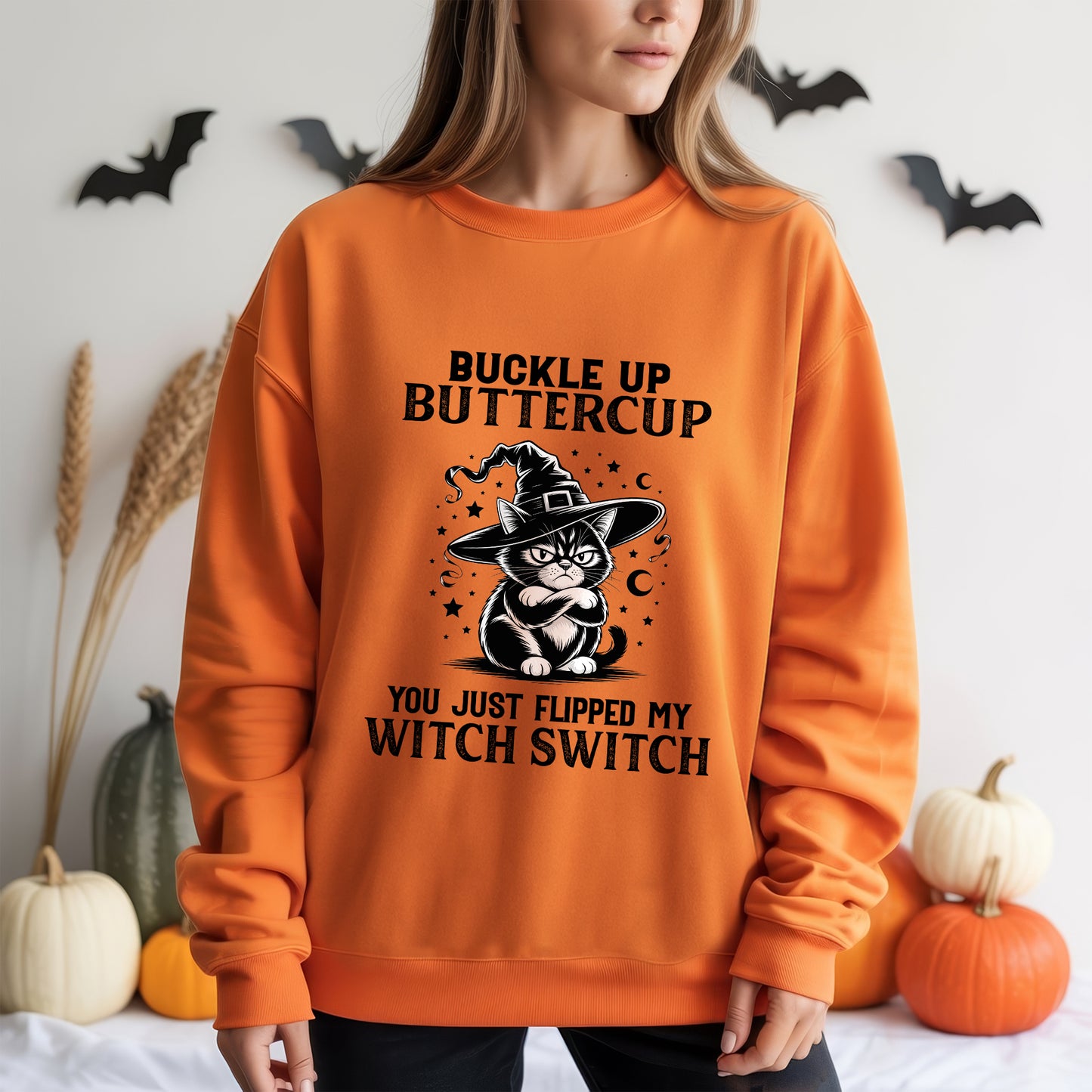 Buckle Up Buttercup You Just Flipped My Witch Switch Cat Halloween T-Shirt Sassy Spooky Tee