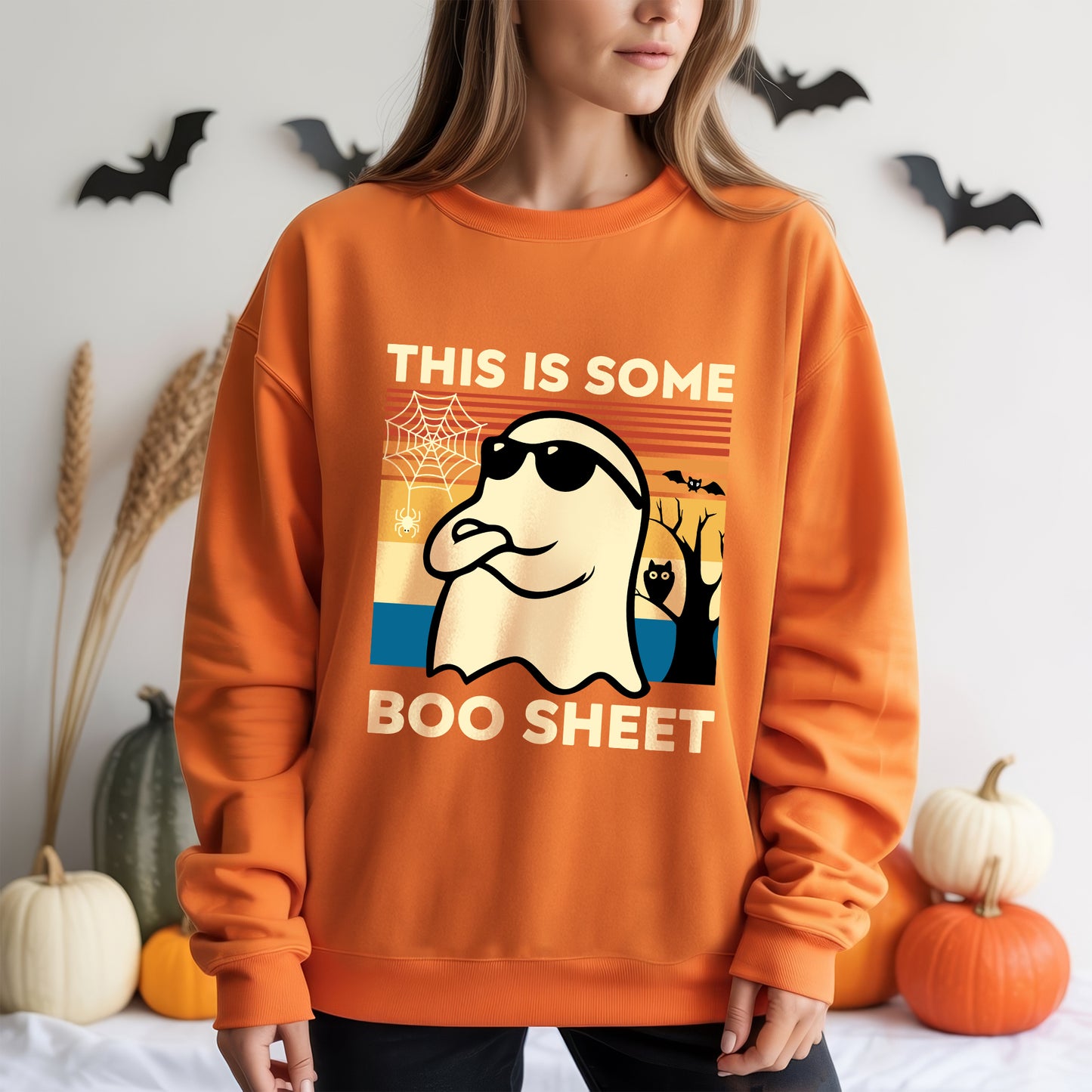 This Is Some Boo Sheet Funny Ghost Halloween T-Shirt - Vintage Sunset Spooky Season Humor Tee
