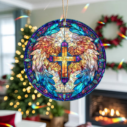 Stained Glass Angel Wing Cross Holographic Ornament | Symbol of Hope & Victory | Christian Keepsake