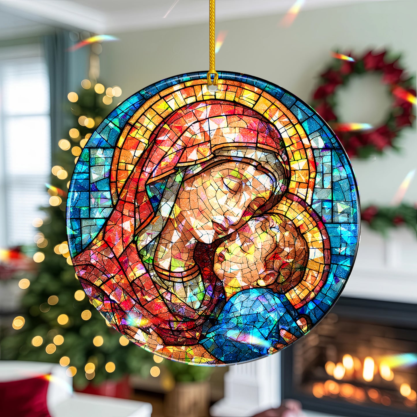 Stained Glass Madonna and Child Holographic Christmas Ornament | Mary and Jesus Religious Keepsake | Christian Tree Decoration
