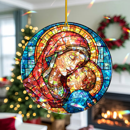 Stained Glass Madonna and Child Holographic Christmas Ornament | Mary and Jesus Religious Keepsake | Christian Tree Decoration