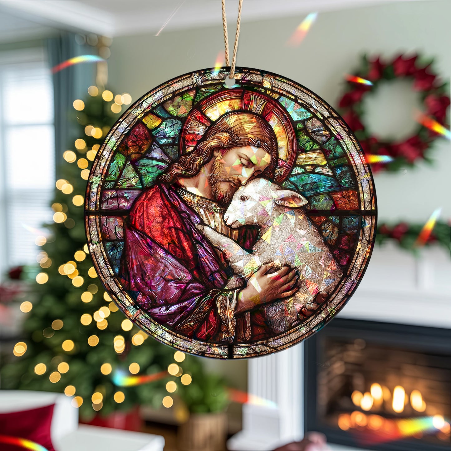 Stained Glass Good Shepherd Holographic Christmas Ornament | Jesus and Lamb Religious Keepsake | Christian Tree Decoration