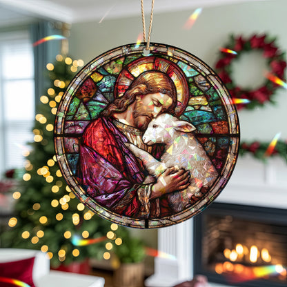 Stained Glass Good Shepherd Holographic Christmas Ornament | Jesus and Lamb Religious Keepsake | Christian Tree Decoration