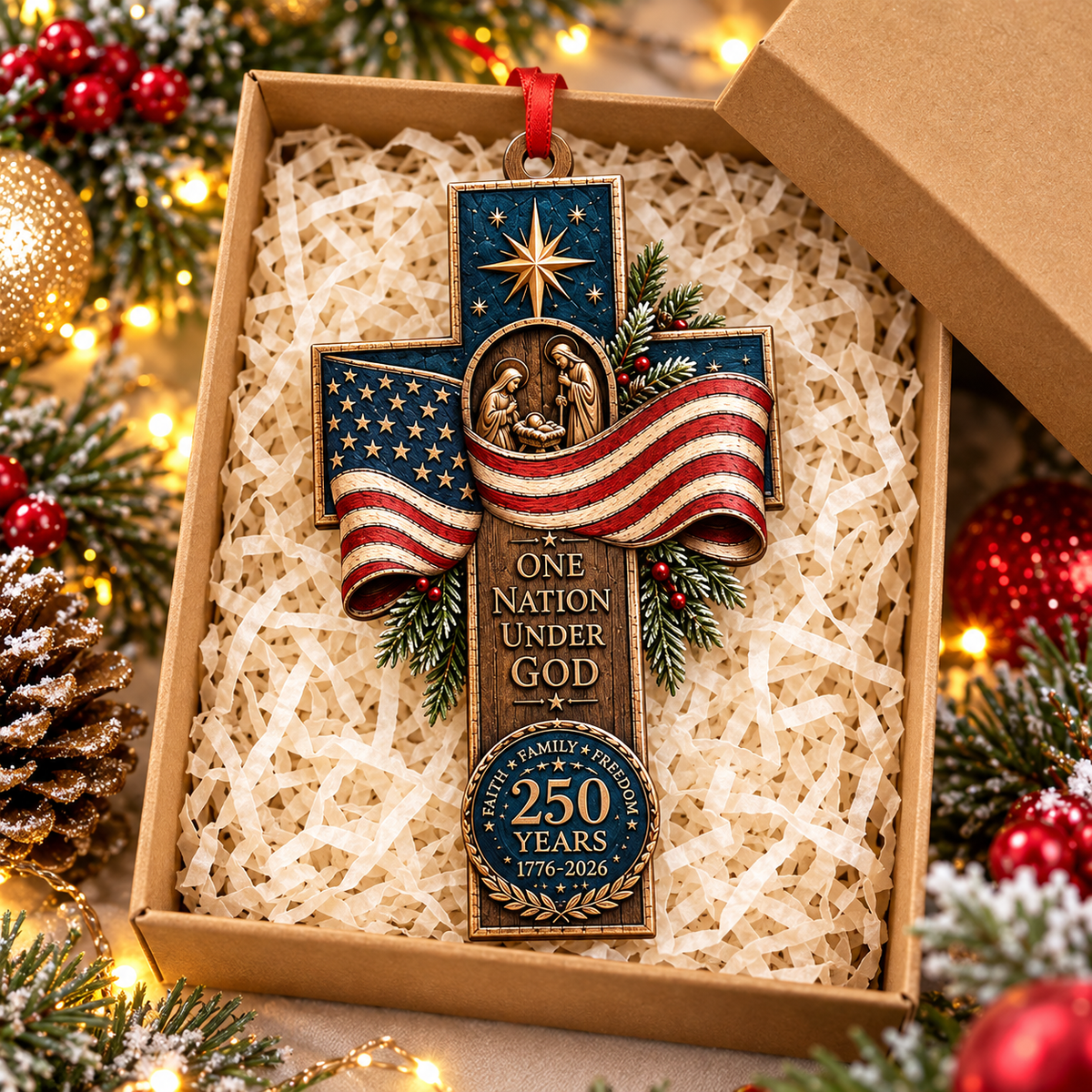 One Nation Under God 250 Years Cross Ornament – Faith Family Freedom Christmas Decor