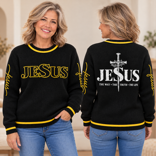 Jesus The Way, The Truth & The Life Christian Knit Sweater – Faith-Inspired Front & Back Design