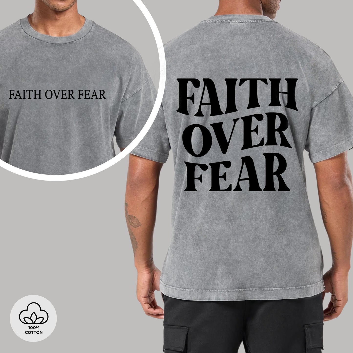 "Faith Over Fear" Unisex Vintage Washed Christian T-Shirt Two Sides | 2 Timothy 1:7 Bold Declaration Tee | Faith Guided Life Apparel