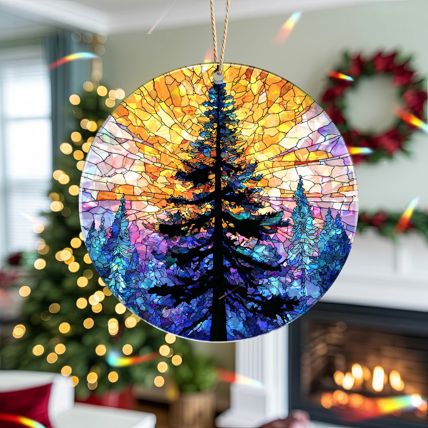Stained Glass Christmas Tree Holographic Ornament | Festive Holiday Keepsake | Winter Glow Decoration