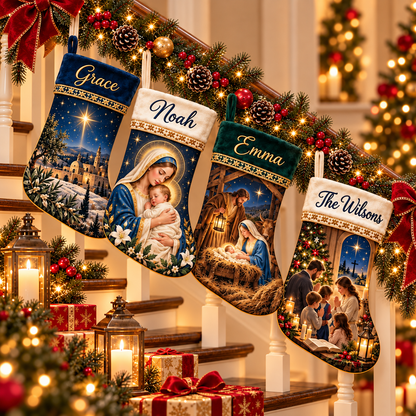 Personalized Christian Christmas Stocking – Custom Name Nativity & Virgin Mary Stocking, Religious Holiday Fireplace Decor & Family Gift