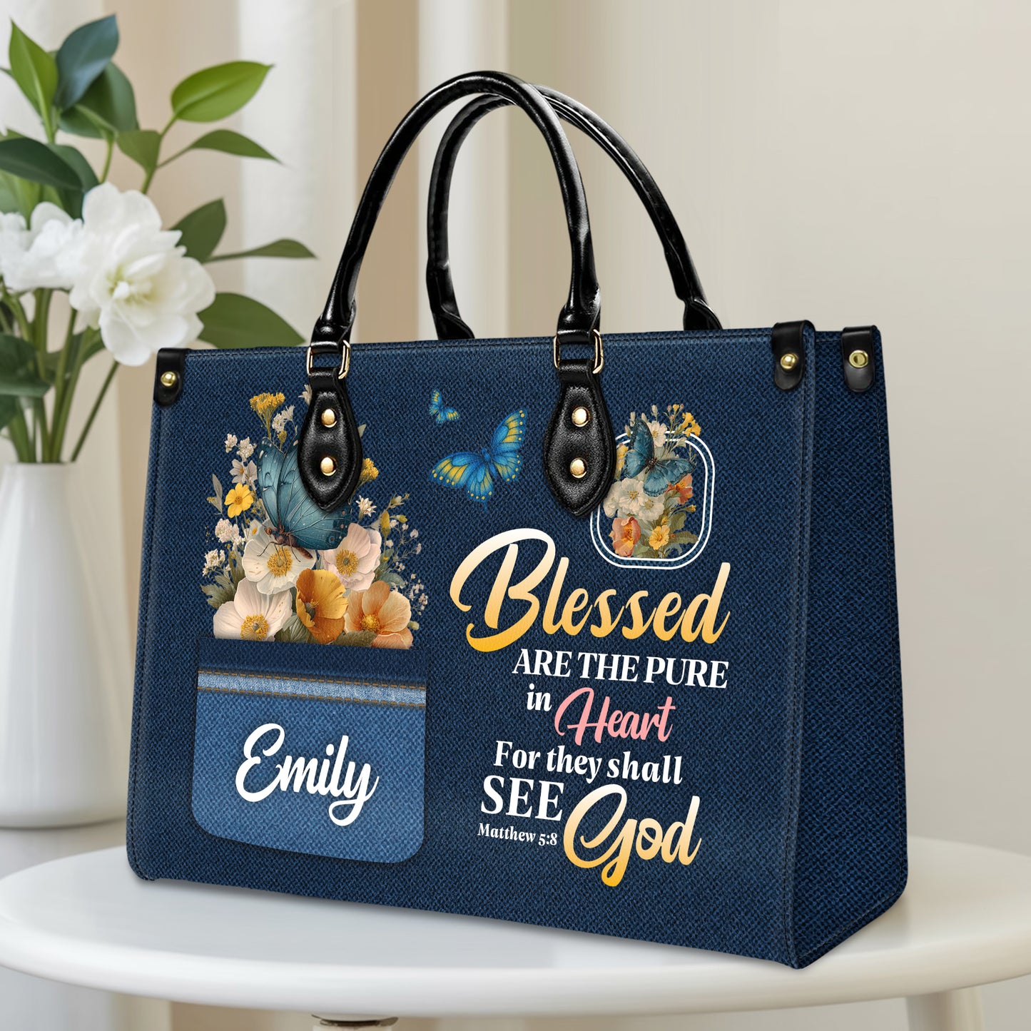 Blessed Are The Pure In Heart Matthew 5:8 Personalized Leather Handbag