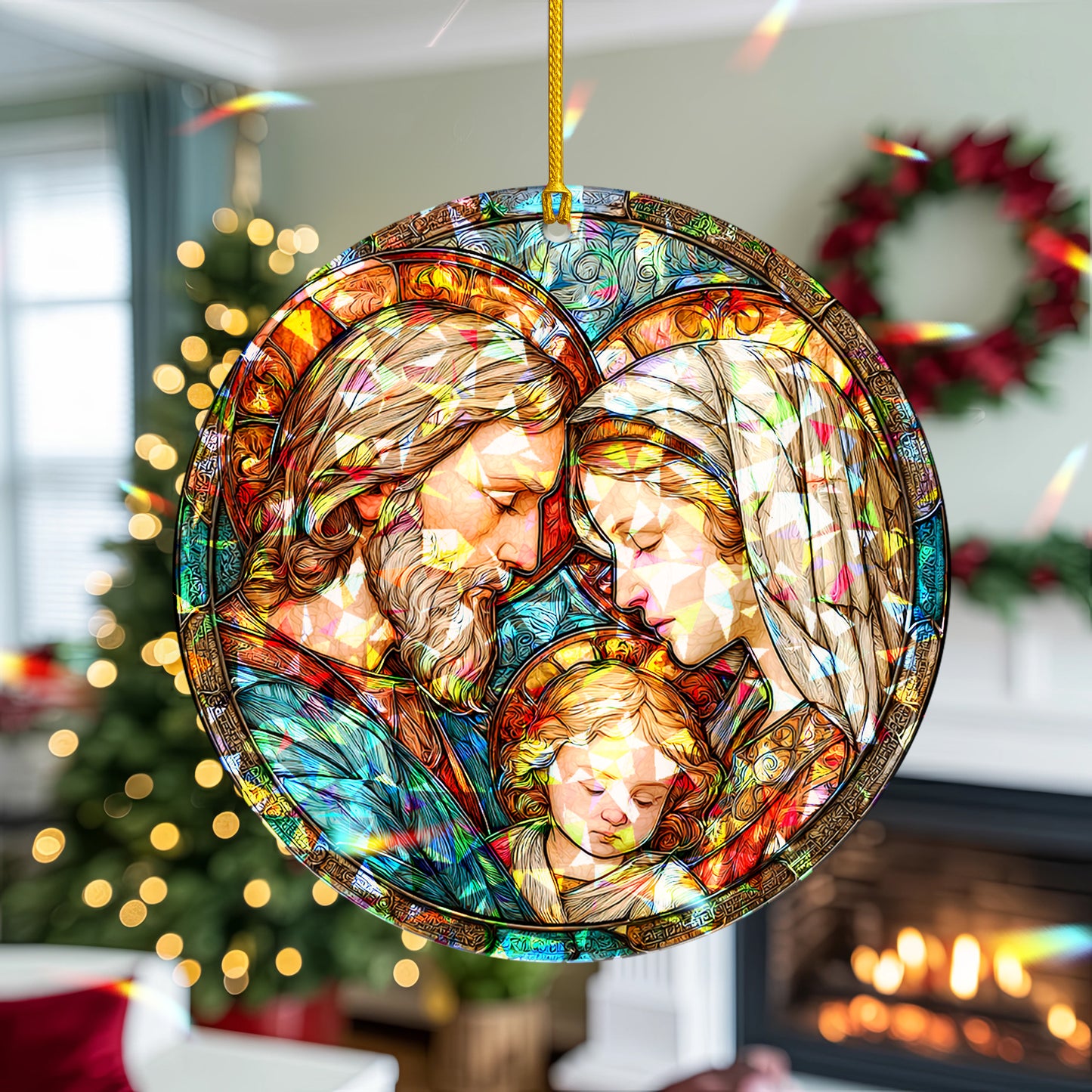 Stained Glass Holy Family Holographic Christmas Ornament | Religious Christian Keepsake | Nativity Decoration