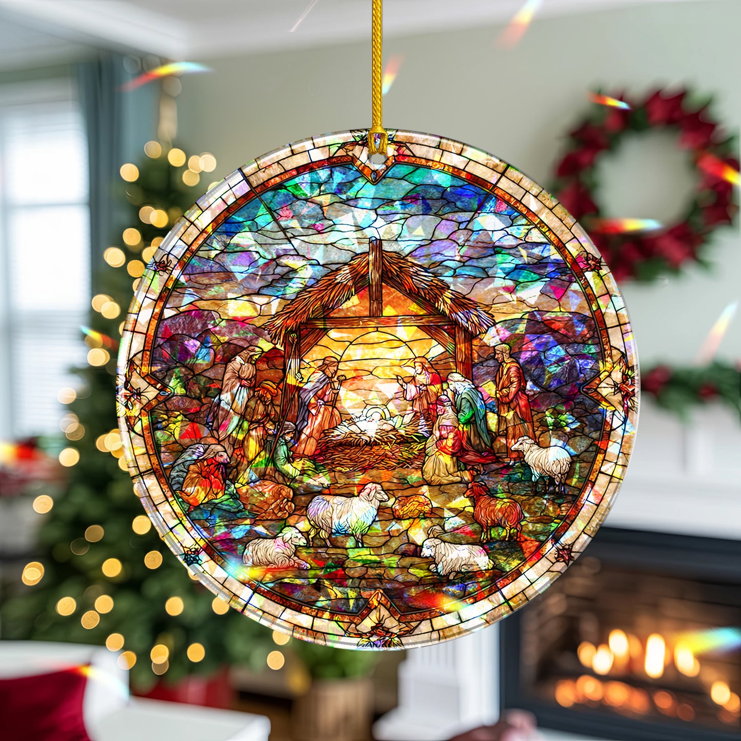 Stained Glass Nativity Scene Holographic Christmas Ornament | Full Manger Scene | Religious Christian Keepsake