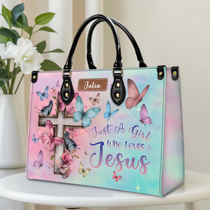 Just A Girl Who Loves Jesus Butterfly Cross Personalized Leather Handbag