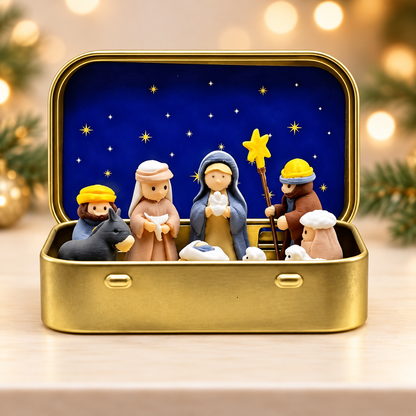 Mini Christmas Nativity Scene Set In Tin Box – Baby Jesus Holy Family Christian Decor