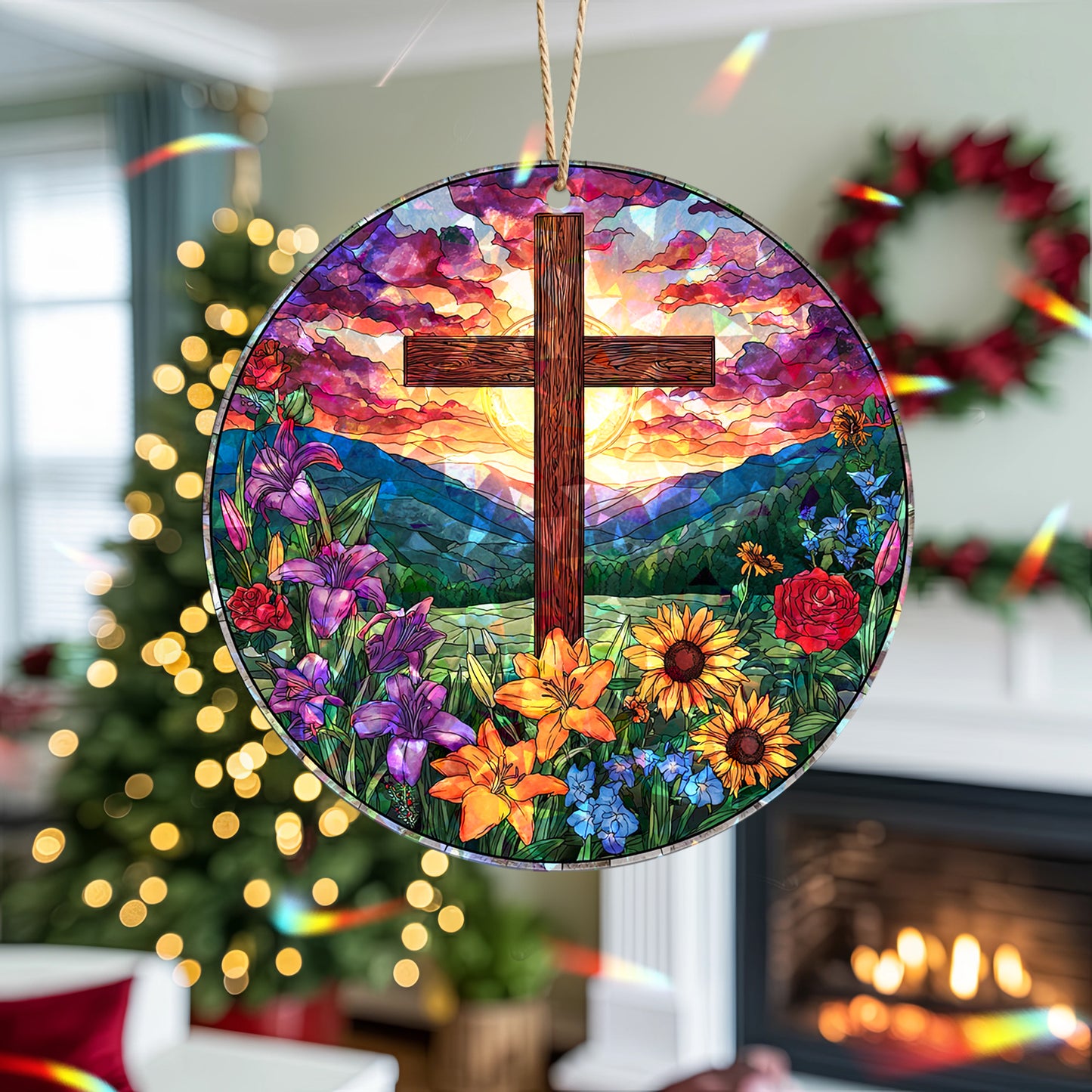 Stained Glass Cross Holographic Christmas Ornament | Symbol of Hope & New Life | Religious Christian Keepsake
