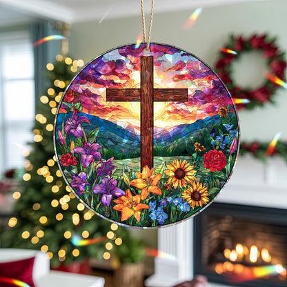 Stained Glass Cross Holographic Christmas Ornament | Symbol of Hope & New Life | Religious Christian Keepsake