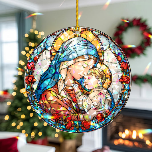 Stained Glass Madonna and Child Holographic Christmas Ornament | Mary and Jesus Religious Keepsake | Christian Tree Decoration