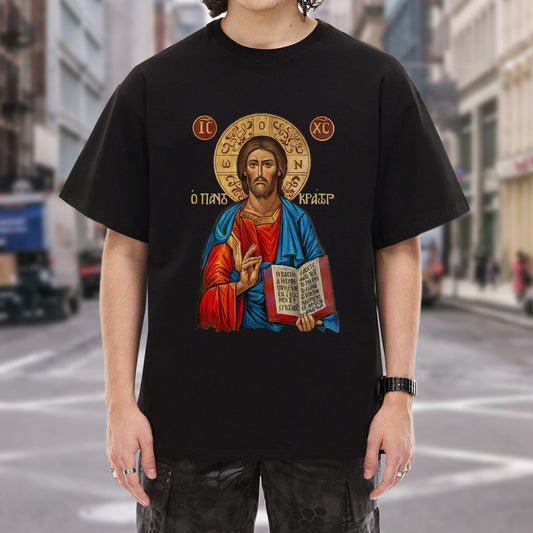 Orthodox Jesus Christ Cyrillic Icon T-Shirt - Russian Slavonic Traditional Sacred Art