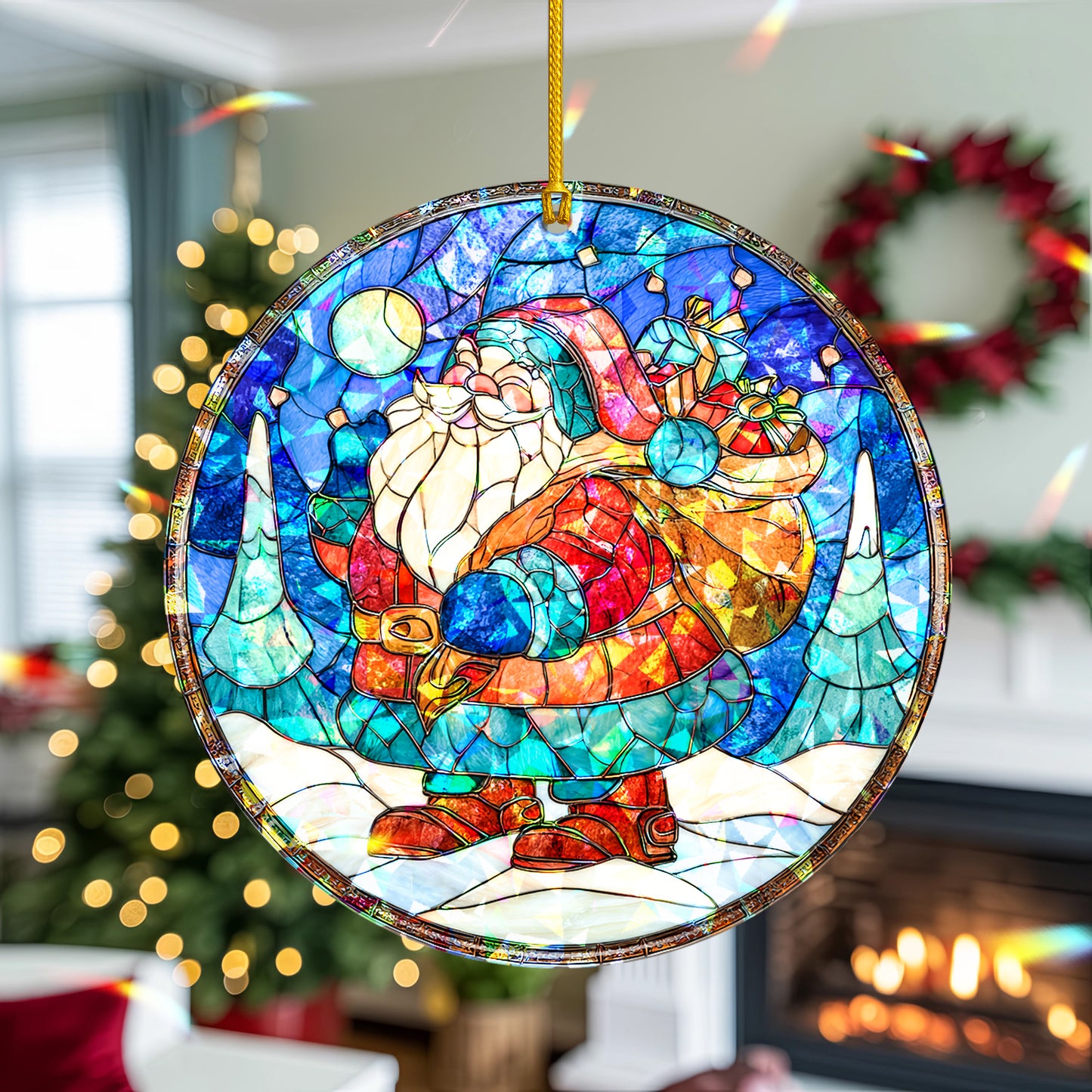 Stained Glass Santa Claus Holographic Christmas Ornament | Festive Holiday Keepsake | Jolly Tree Decoration