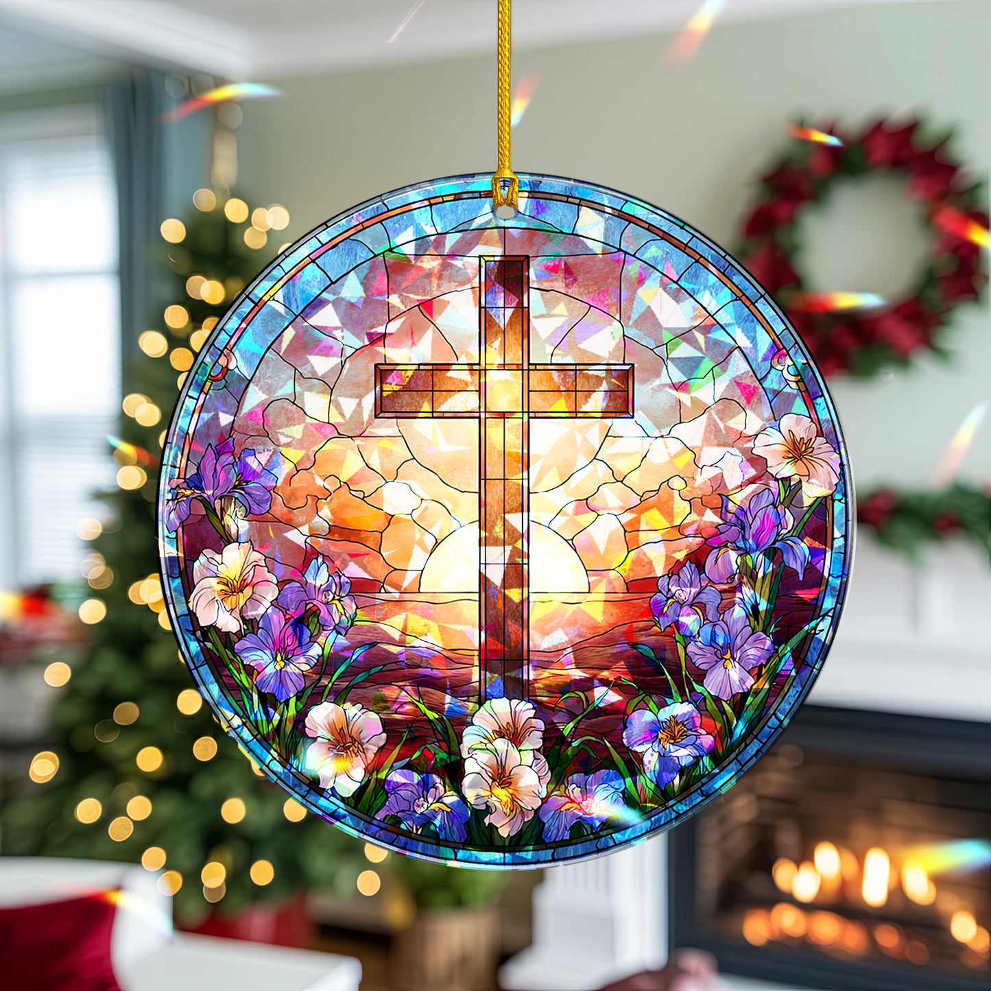 Stained Glass Cross Holographic Christmas Ornament | Symbol of Hope & New Life | Religious Christian Keepsake