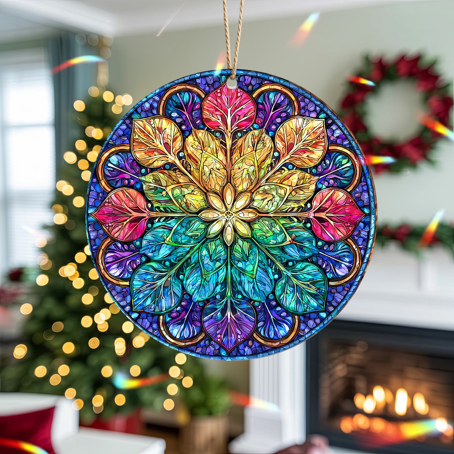 Stained Glass Mandala Holographic Christmas Ornament | Kaleidoscope of Color | Spiritual Harmony Keepsake