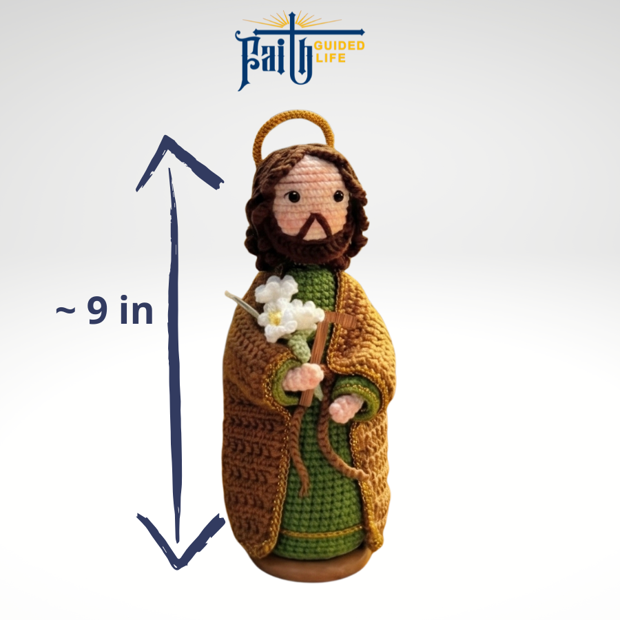 Handmade Crochet Saint Joseph Statue with Lily (Includes Wooden Base)