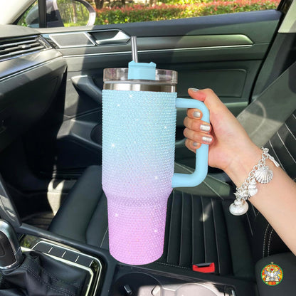 Blue Pink Gradient Bling Diamond Tumbler 40oz - Sparkling Ombre Dreams Rhinestone Cup